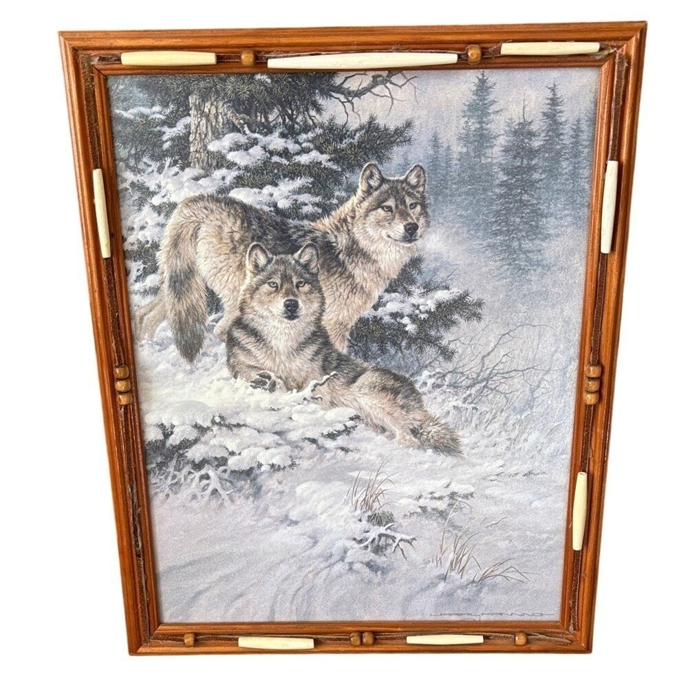 Vintage Larry Fanning Alpha Pair Gray Wolves Winter Framed Art Print 15.5"